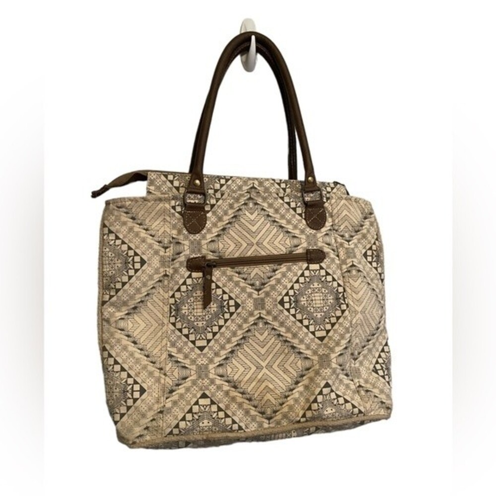 MYRA BAG S-0845 ARTISAN TOTE CANVAS TOTE LEATHER HANDLE TOTE